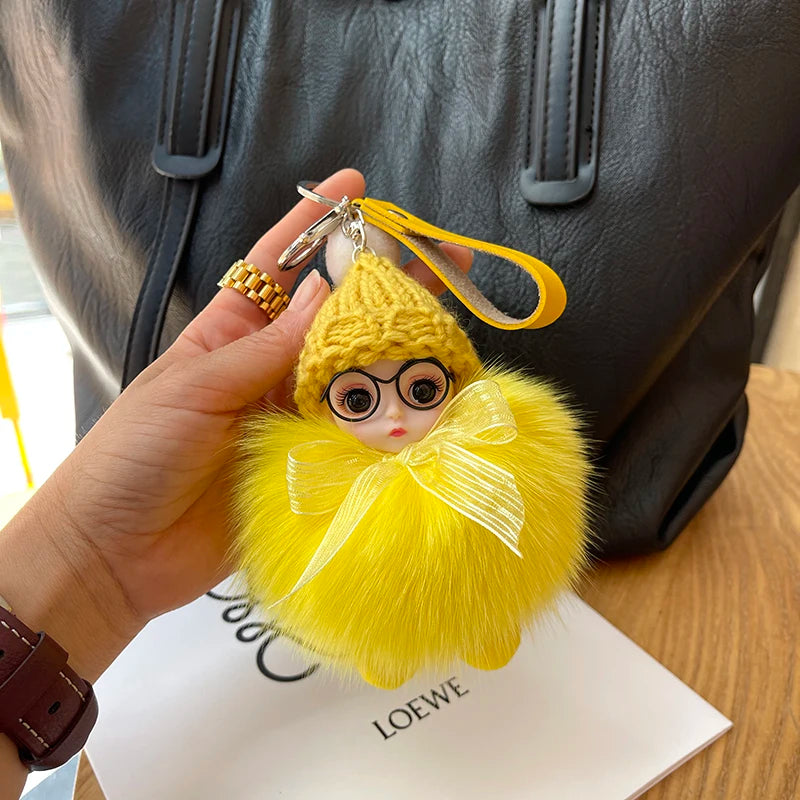 Porte-clés pompon de poupée à grands yeux, breloque de sac en vraie fourrure de renard pour femmes, accessoires de bijoux fins, cadeau pour enfants filles