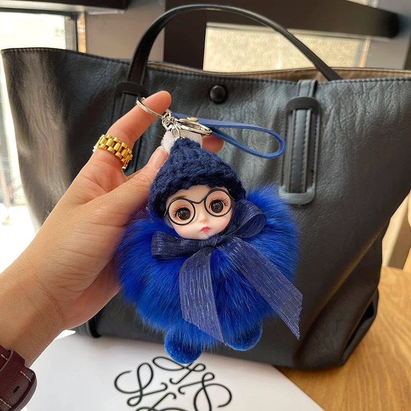 Porte-clés pompon de poupée à grands yeux, breloque de sac en vraie fourrure de renard pour femmes, accessoires de bijoux fins, cadeau pour enfants filles