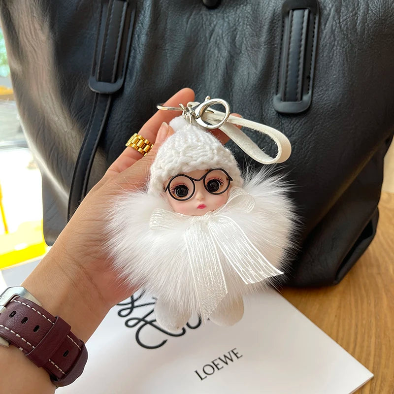 Porte-clés pompon de poupée à grands yeux, breloque de sac en vraie fourrure de renard pour femmes, accessoires de bijoux fins, cadeau pour enfants filles