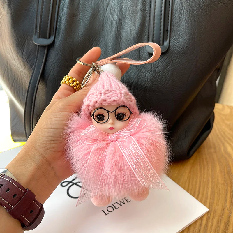 Porte-clés pompon de poupée à grands yeux, breloque de sac en vraie fourrure de renard pour femmes, accessoires de bijoux fins, cadeau pour enfants filles