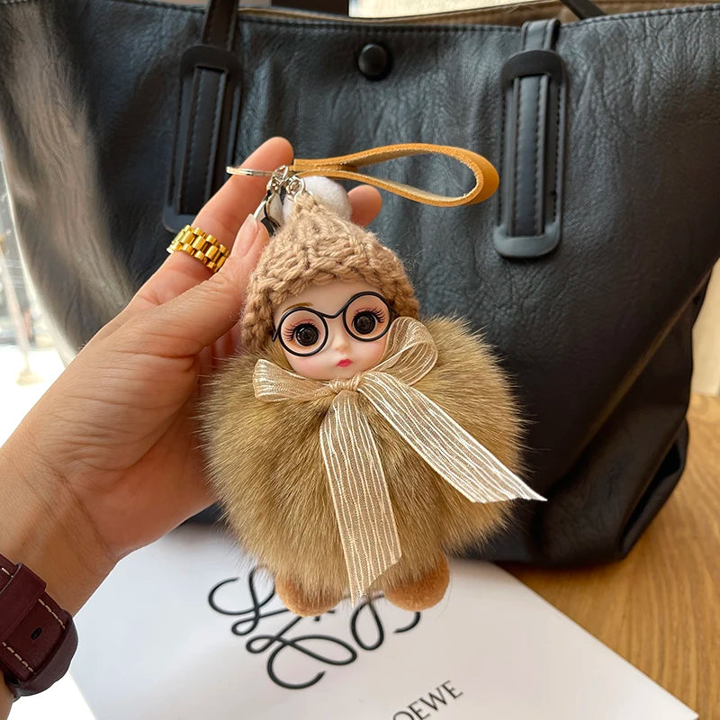 Porte-clés pompon de poupée à grands yeux, breloque de sac en vraie fourrure de renard pour femmes, accessoires de bijoux fins, cadeau pour enfants filles