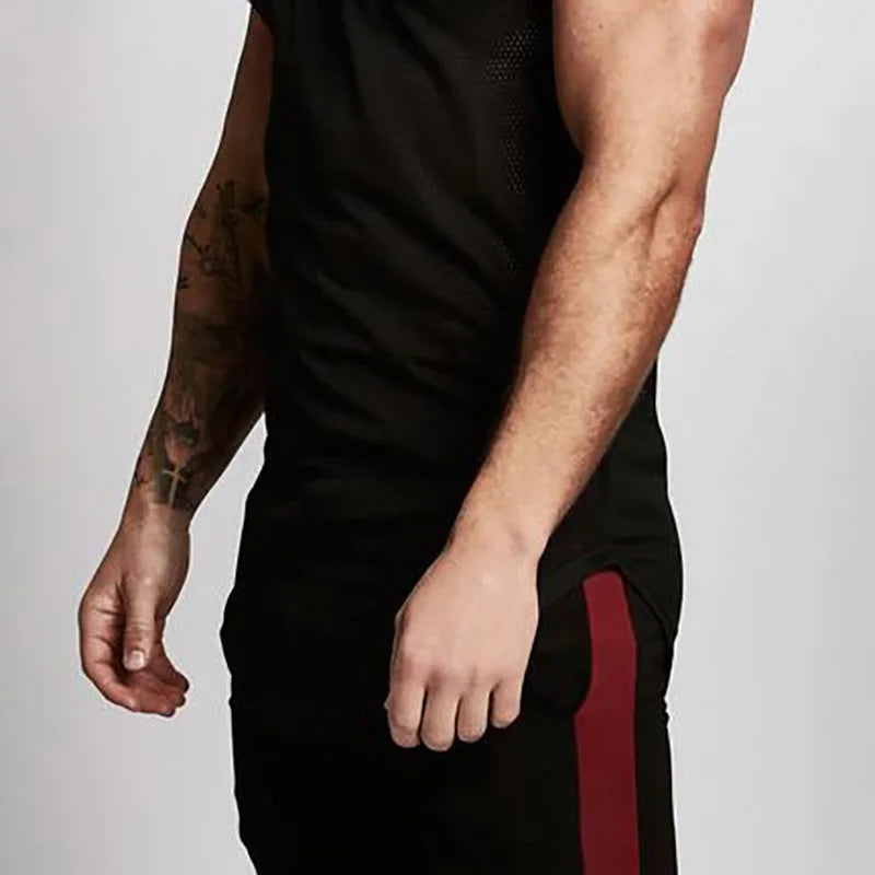 Économie de sport respirants à séchage rapide pour hommes, maillots de musculation coupe couvertes, ourlet arrondi, fibre précieuse, Y-Mesh, fitness musculaire