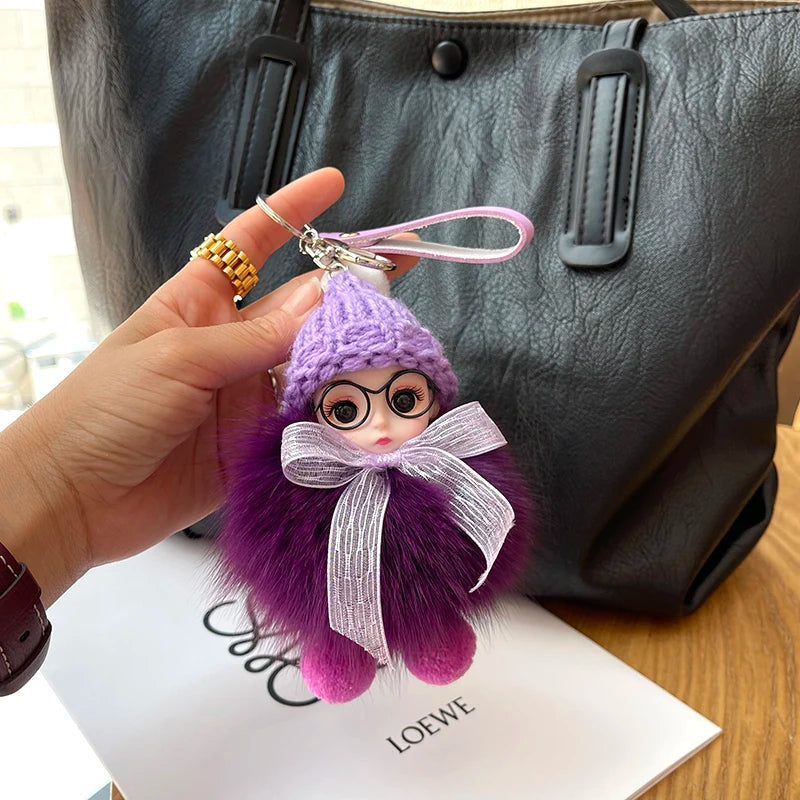 Porte-clés pompon de poupée à grands yeux, breloque de sac en vraie fourrure de renard pour femmes, accessoires de bijoux fins, cadeau pour enfants filles