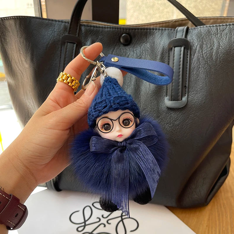 Porte-clés pompon de poupée à grands yeux, breloque de sac en vraie fourrure de renard pour femmes, accessoires de bijoux fins, cadeau pour enfants filles