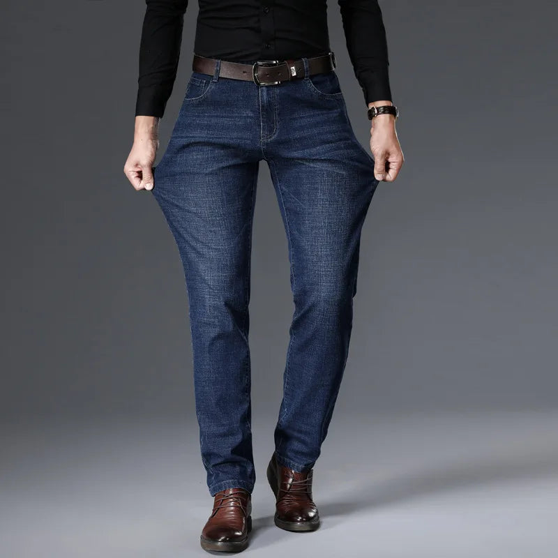 JEAN nouveaux hommes d'affaires jean décontracté droit Stretch mode classique bleu noir travail Denim pantalon mâle marque vêtements