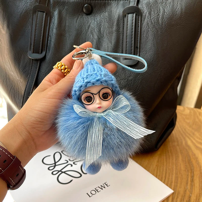 Porte-clés pompon de poupée à grands yeux, breloque de sac en vraie fourrure de renard pour femmes, accessoires de bijoux fins, cadeau pour enfants filles