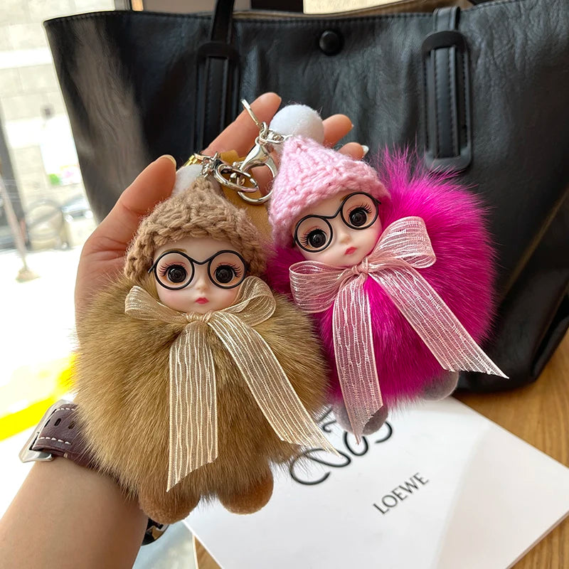 Porte-clés pompon de poupée à grands yeux, breloque de sac en vraie fourrure de renard pour femmes, accessoires de bijoux fins, cadeau pour enfants filles