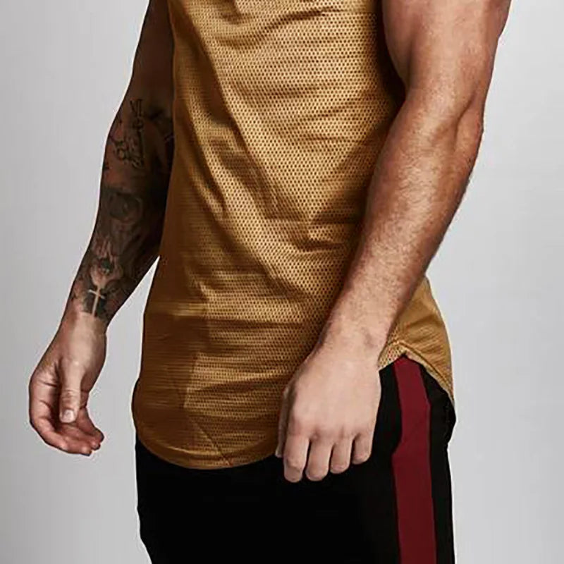 Économie de sport respirants à séchage rapide pour hommes, maillots de musculation coupe couvertes, ourlet arrondi, fibre précieuse, Y-Mesh, fitness musculaire