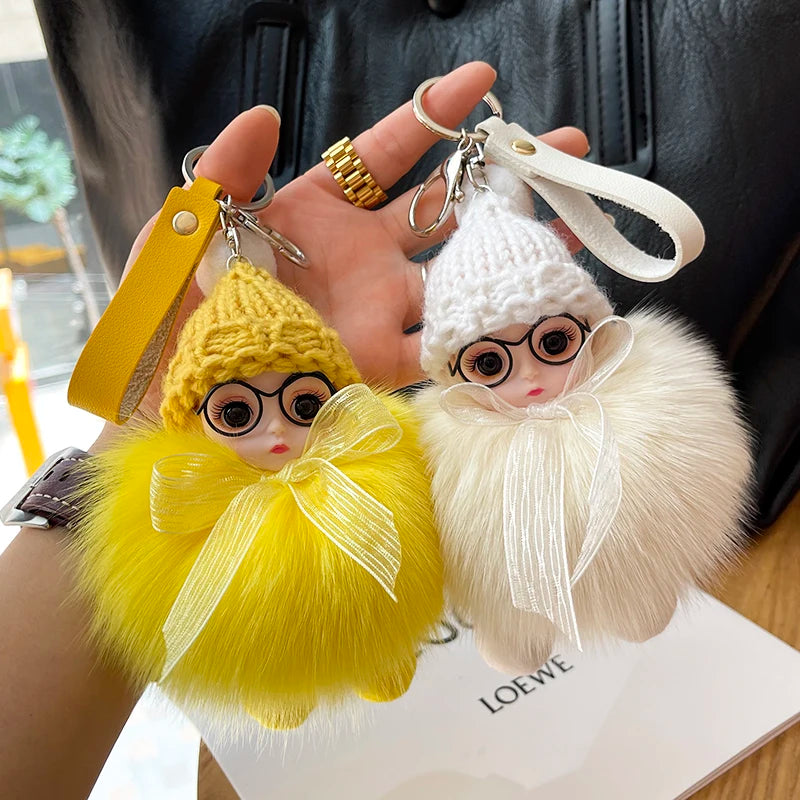 Porte-clés pompon de poupée à grands yeux, breloque de sac en vraie fourrure de renard pour femmes, accessoires de bijoux fins, cadeau pour enfants filles