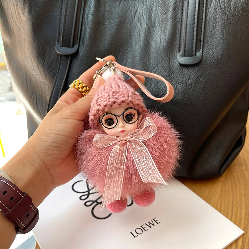 Porte-clés pompon de poupée à grands yeux, breloque de sac en vraie fourrure de renard pour femmes, accessoires de bijoux fins, cadeau pour enfants filles
