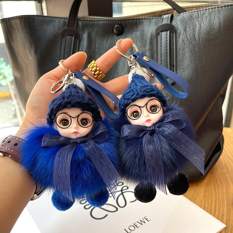Porte-clés pompon de poupée à grands yeux, breloque de sac en vraie fourrure de renard pour femmes, accessoires de bijoux fins, cadeau pour enfants filles