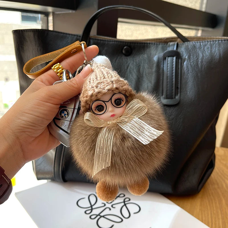 Porte-clés pompon de poupée à grands yeux, breloque de sac en vraie fourrure de renard pour femmes, accessoires de bijoux fins, cadeau pour enfants filles