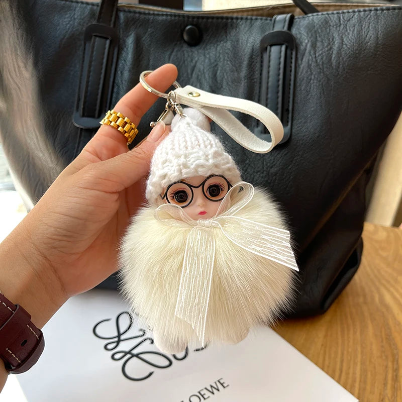 Porte-clés pompon de poupée à grands yeux, breloque de sac en vraie fourrure de renard pour femmes, accessoires de bijoux fins, cadeau pour enfants filles