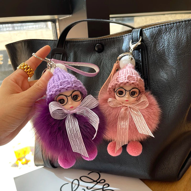 Porte-clés pompon de poupée à grands yeux, breloque de sac en vraie fourrure de renard pour femmes, accessoires de bijoux fins, cadeau pour enfants filles