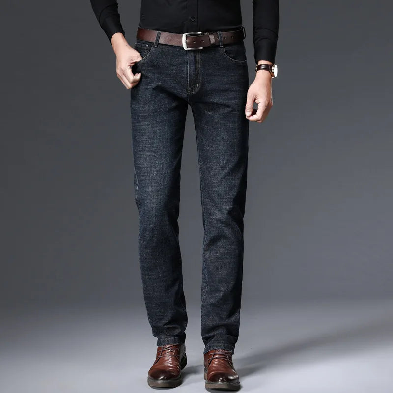 JEAN nouveaux hommes d'affaires jean décontracté droit Stretch mode classique bleu noir travail Denim pantalon mâle marque vêtements
