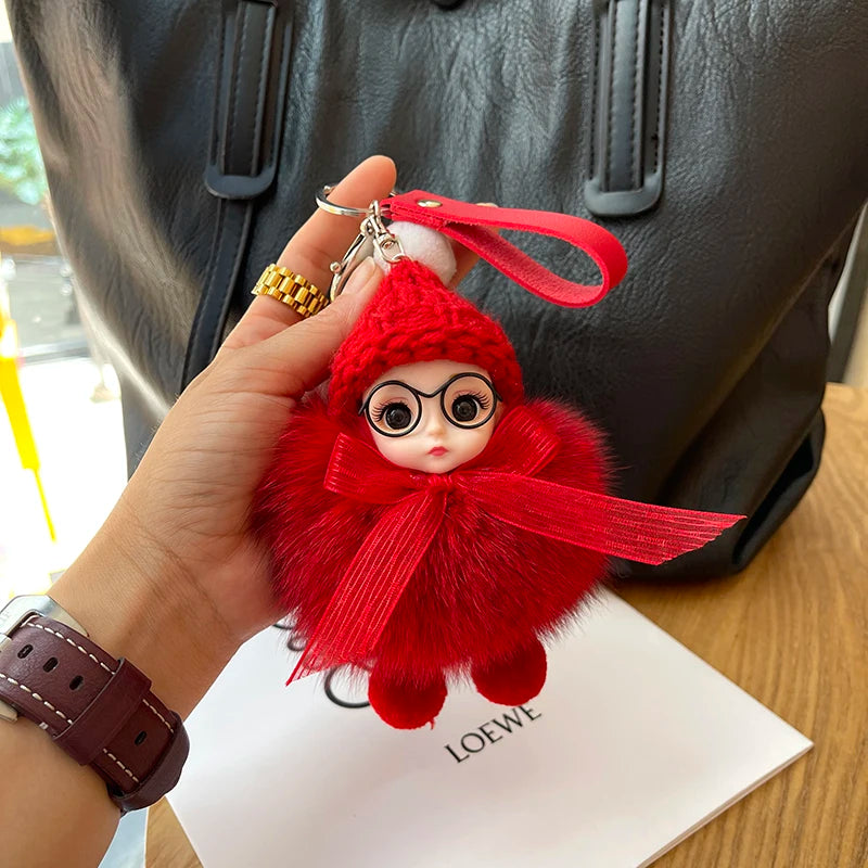 Porte-clés pompon de poupée à grands yeux, breloque de sac en vraie fourrure de renard pour femmes, accessoires de bijoux fins, cadeau pour enfants filles