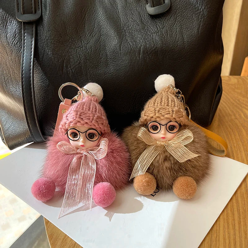 Porte-clés pompon de poupée à grands yeux, breloque de sac en vraie fourrure de renard pour femmes, accessoires de bijoux fins, cadeau pour enfants filles