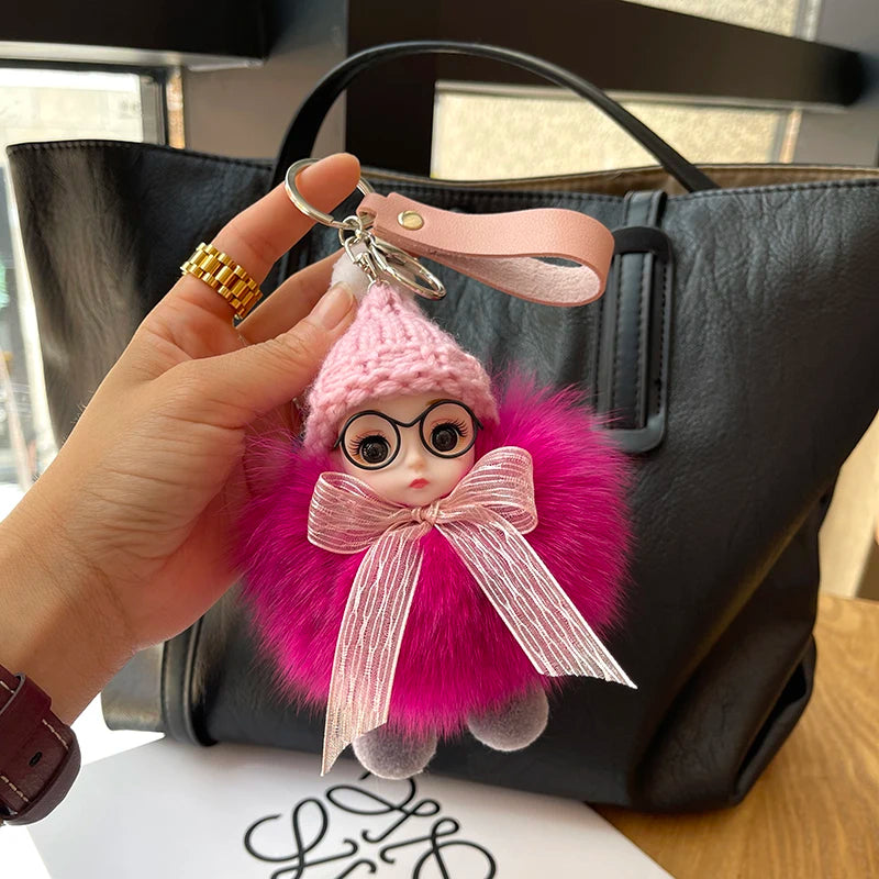 Porte-clés pompon de poupée à grands yeux, breloque de sac en vraie fourrure de renard pour femmes, accessoires de bijoux fins, cadeau pour enfants filles