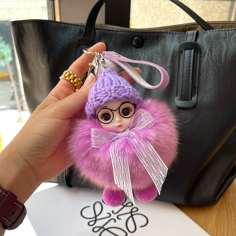 Porte-clés pompon de poupée à grands yeux, breloque de sac en vraie fourrure de renard pour femmes, accessoires de bijoux fins, cadeau pour enfants filles