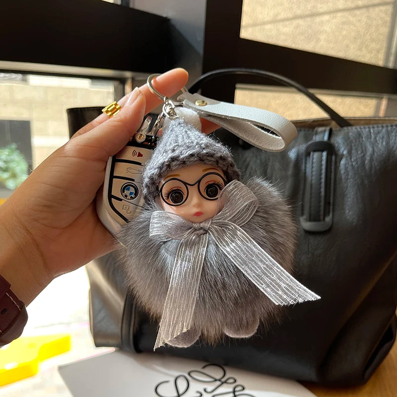 Porte-clés pompon de poupée à grands yeux, breloque de sac en vraie fourrure de renard pour femmes, accessoires de bijoux fins, cadeau pour enfants filles