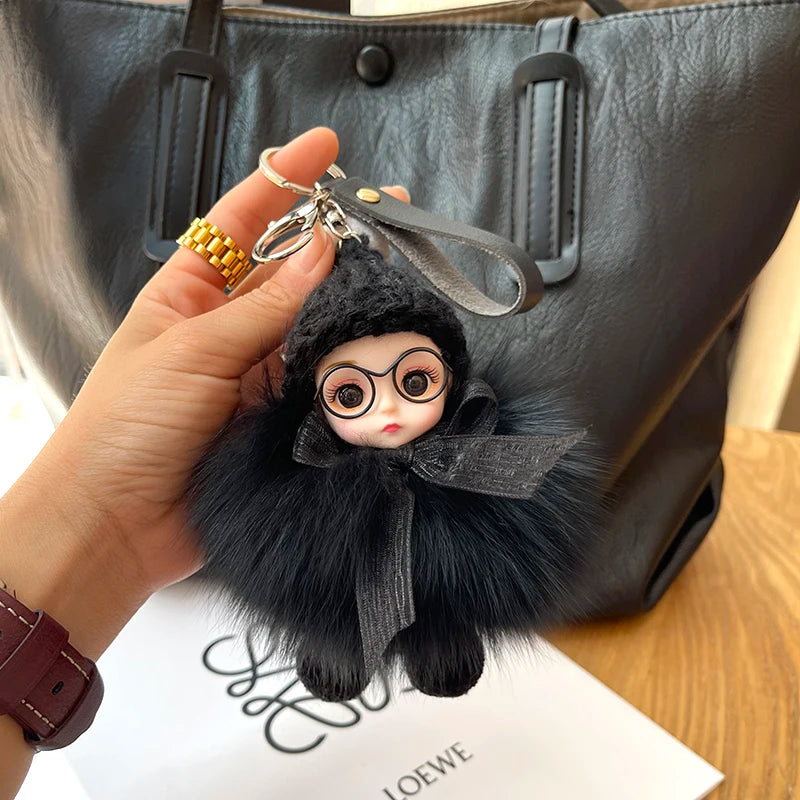 Porte-clés pompon de poupée à grands yeux, breloque de sac en vraie fourrure de renard pour femmes, accessoires de bijoux fins, cadeau pour enfants filles